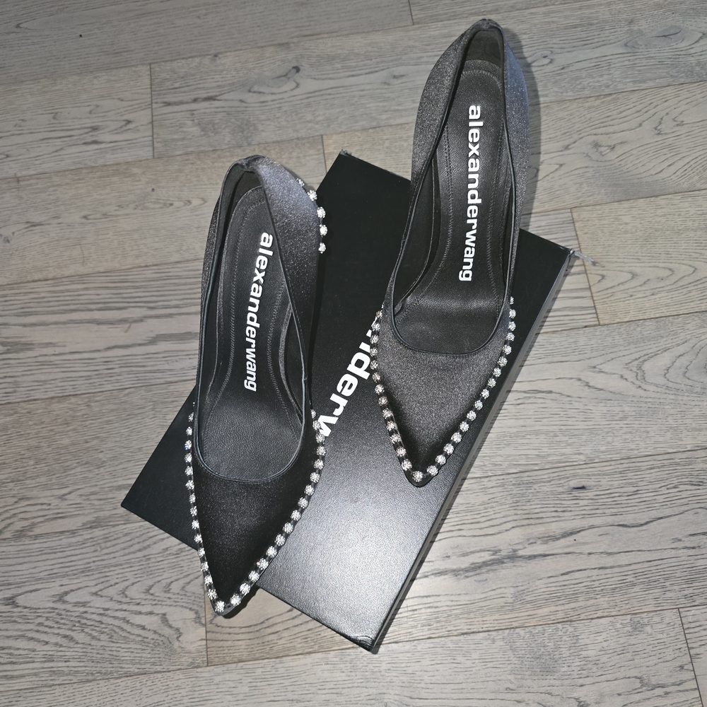 Alexander Wang Black Satin Heels with Silver Crystal Accents - Picture 2 of 6